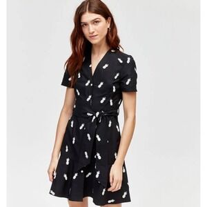 Warehouse Pineapple Embroidered Shirt Dress Size 14 Black Cotton Tie Waist NEW